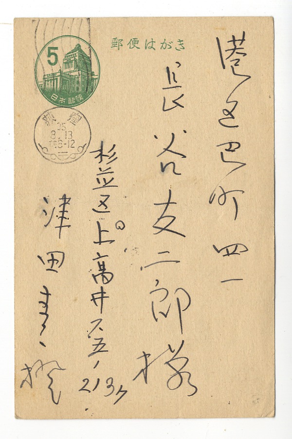津田青楓　ペン書葉書